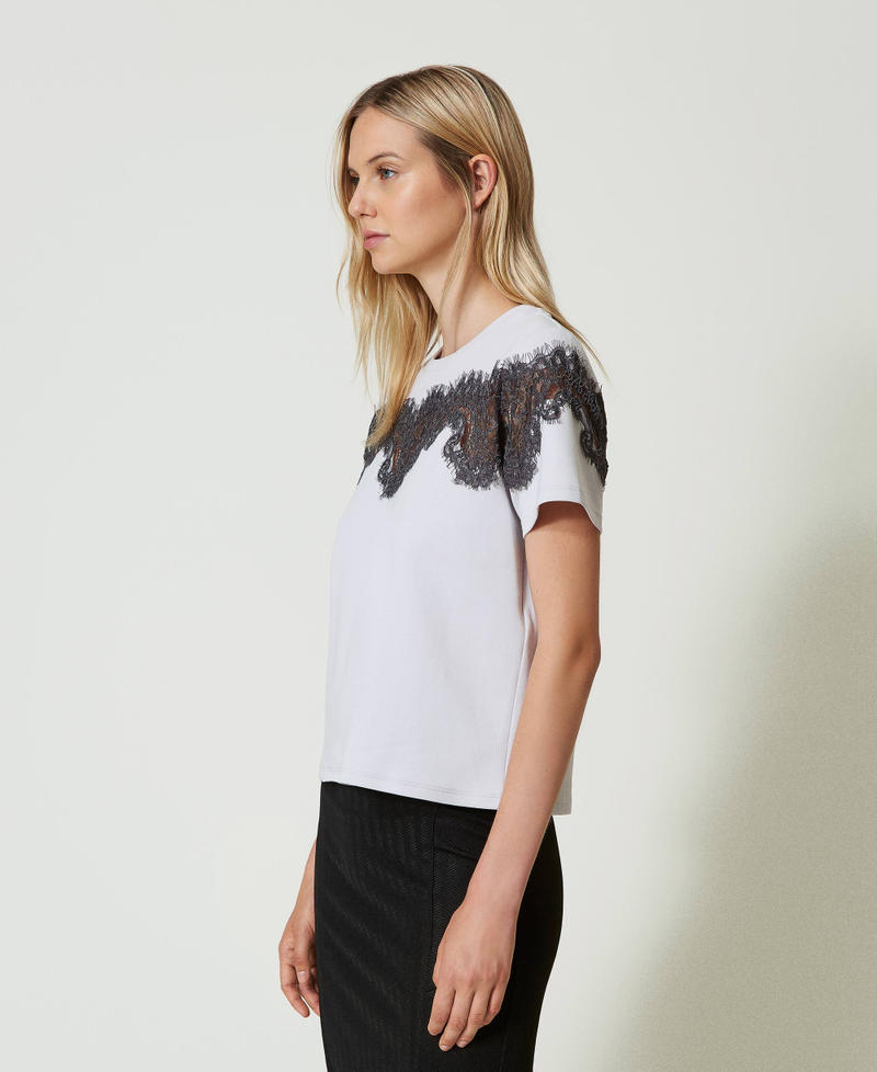 Regular fit T-shirt with inlaid lace Two-tone Silver / Blackened Pearl Grey Woman 242LI2HJJ_11821_02