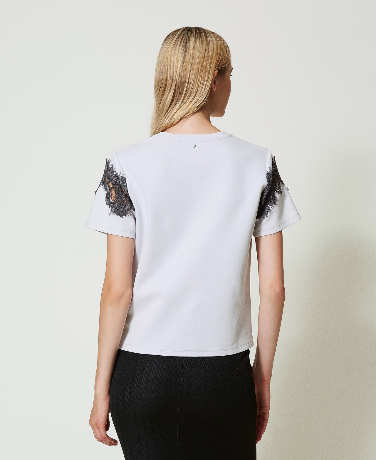 Regular fit T-shirt with inlaid lace Two-tone Silver / Blackened Pearl Grey Woman 242LI2HJJ_11821_03