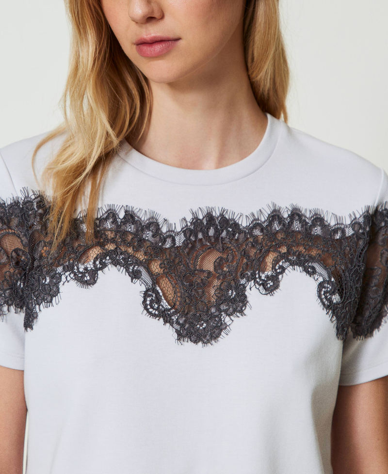 Regular fit T-shirt with inlaid lace Two-tone Silver / Blackened Pearl Grey Woman 242LI2HJJ_11821_04