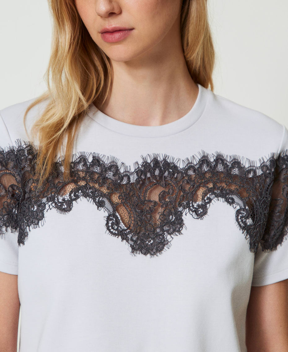 Regular fit T-shirt with inlaid lace Two-tone Silver / Blackened Pearl Grey Woman 242LI2HJJ_11821_04