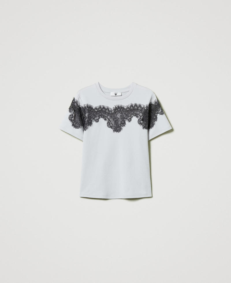 Regular fit T-shirt with inlaid lace Two-tone Silver / Blackened Pearl Grey Woman 242LI2HJJ_11821_S0