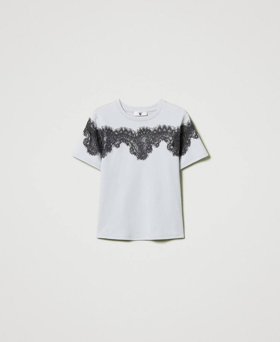 Regular fit T-shirt with inlaid lace Two-tone Silver / Blackened Pearl Grey Woman 242LI2HJJ_11821_S0