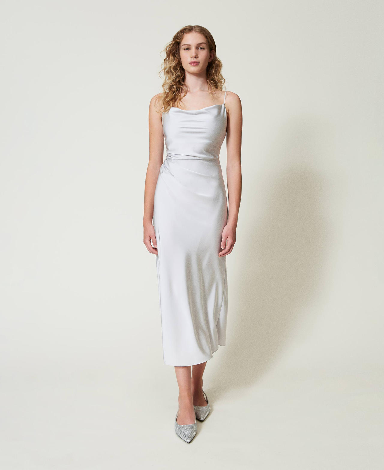 Midi satin dress with draping Silver Woman 242LI2HLL_11813_02