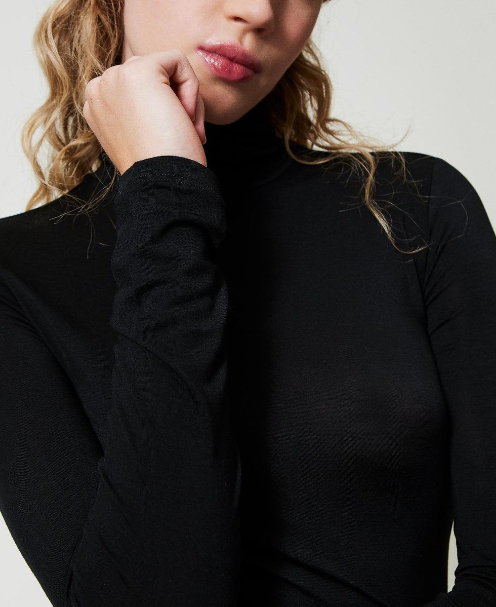 Turtleneck T-shirt with embroidered logo Woman, Black Turtleneck T-shirt with embroidered logo Woman, Black