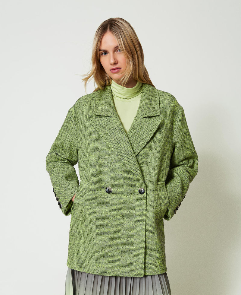 Two-tone short herringbone coat Two-tone Soft Lime Green / Mid Melange Grey Woman 242LI2KAA_11822_01