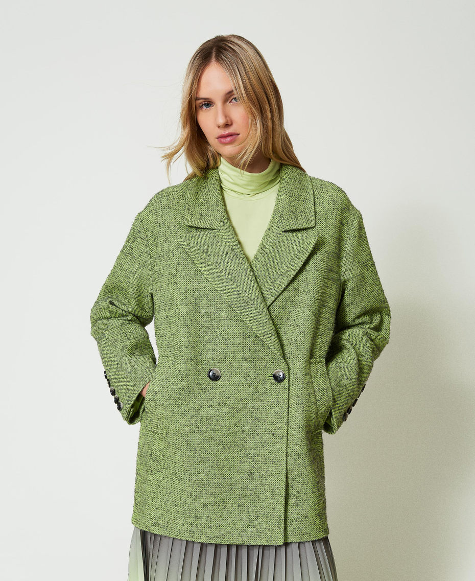 Two-tone short herringbone coat Two-tone Soft Lime Green / Mid Melange Grey Woman 242LI2KAA_11822_01