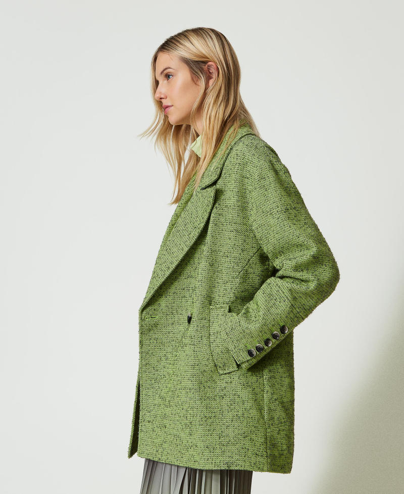 Two-tone short herringbone coat Two-tone Soft Lime Green / Mid Melange Grey Woman 242LI2KAA_11822_02