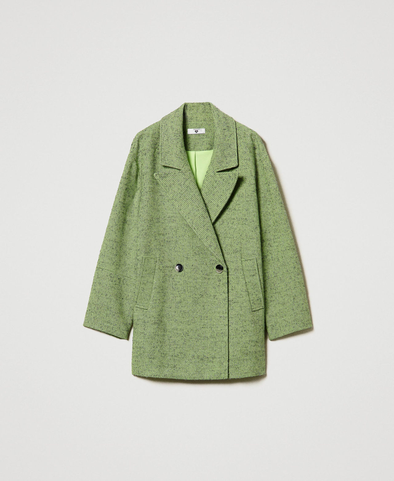 Two-tone short herringbone coat Two-tone Soft Lime Green / Mid Melange Grey Woman 242LI2KAA_11822_0S