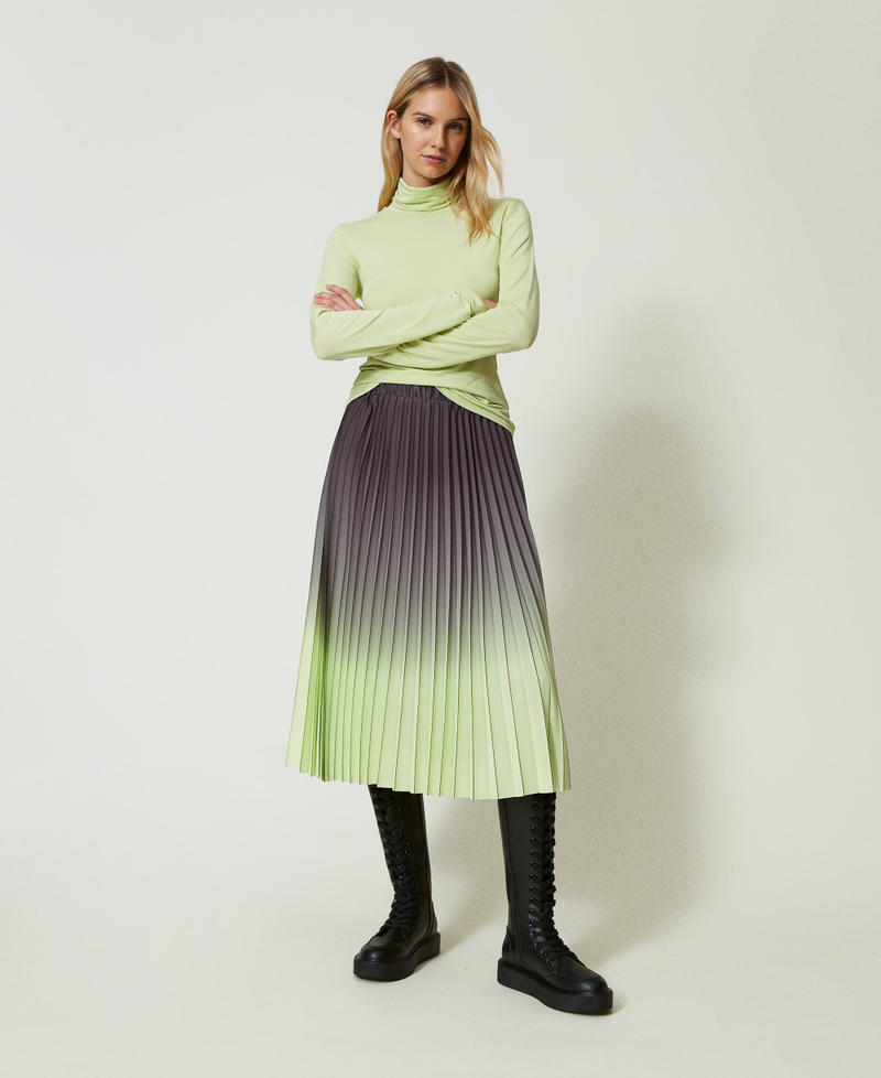 Pleated georgette printed skirt Two-tone Blackened Pearl Grey/ Soft Lime Green Woman 242LI2SBB_11818_01