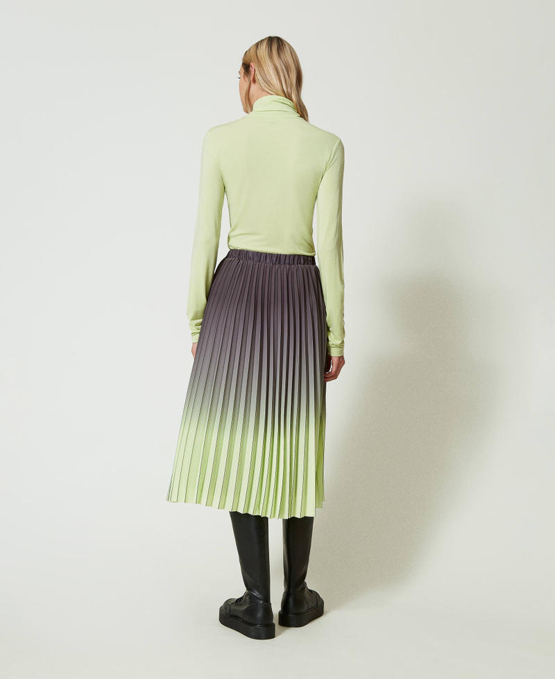 Pleated georgette printed skirt Two-tone Blackened Pearl Grey/ Soft Lime Green Woman 242LI2SBB_11818_03