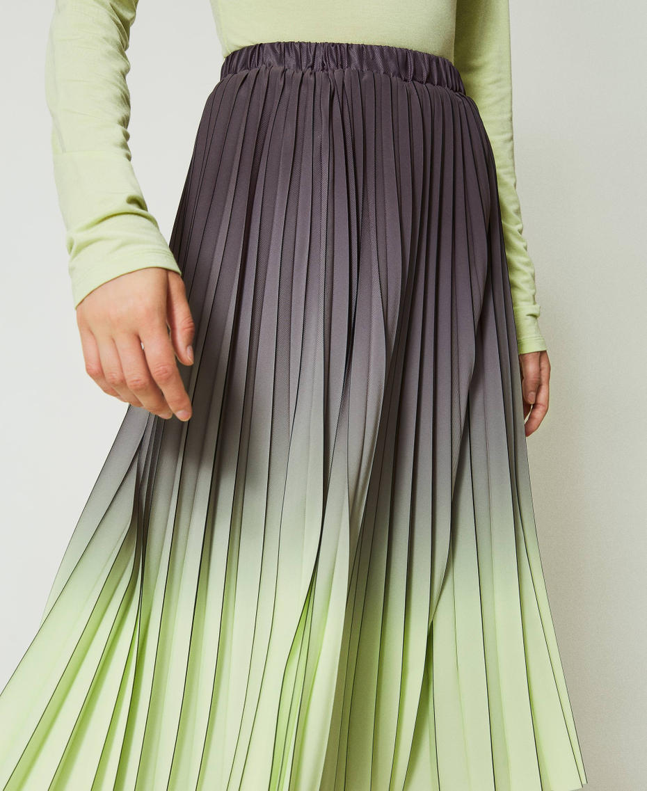 Pleated georgette printed skirt Two-tone Blackened Pearl Grey/ Soft Lime Green Woman 242LI2SBB_11818_04