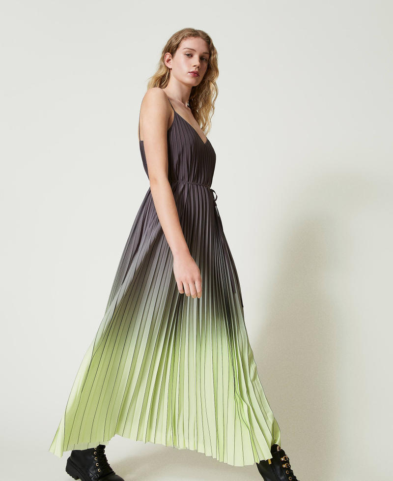 Pleated georgette long printed dress Two-tone Blackened Pearl Grey/ Soft Lime Green Woman 242LI2SCC_11818_01