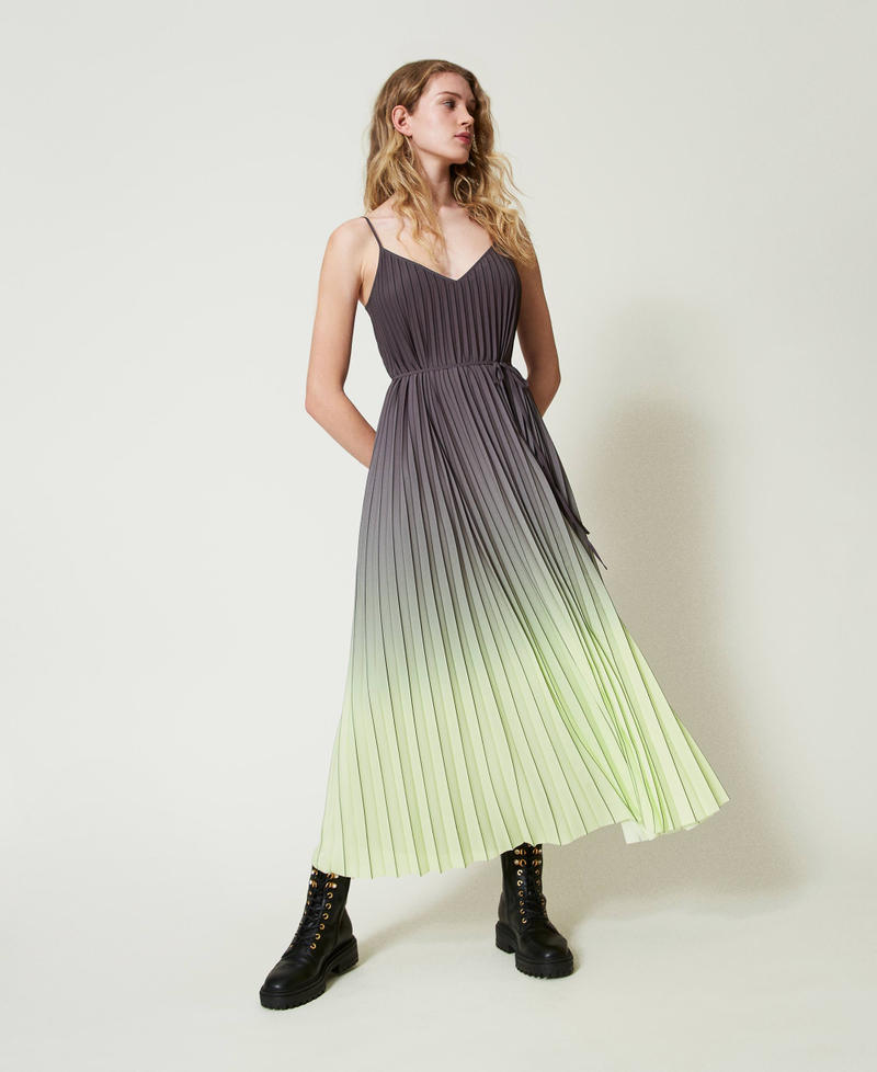 Pleated georgette long printed dress Two-tone Blackened Pearl Grey/ Soft Lime Green Woman 242LI2SCC_11818_02