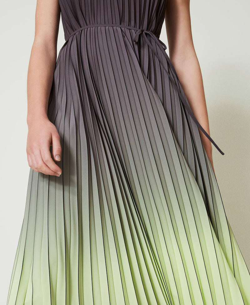 Pleated georgette long printed dress Two-tone Blackened Pearl Grey/ Soft Lime Green Woman 242LI2SCC-04