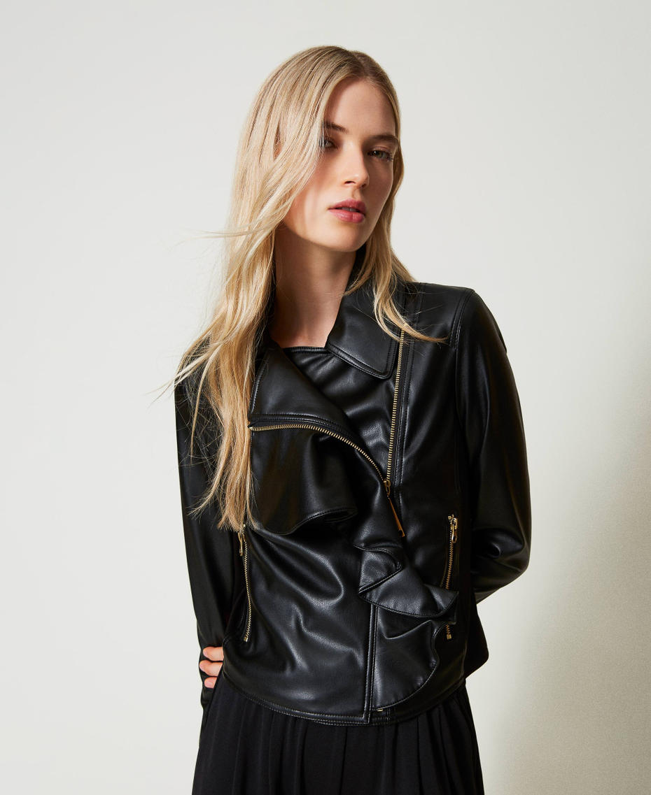 Leather-like biker jacket with ruffles Black Woman 242LI2XBB_00006_01