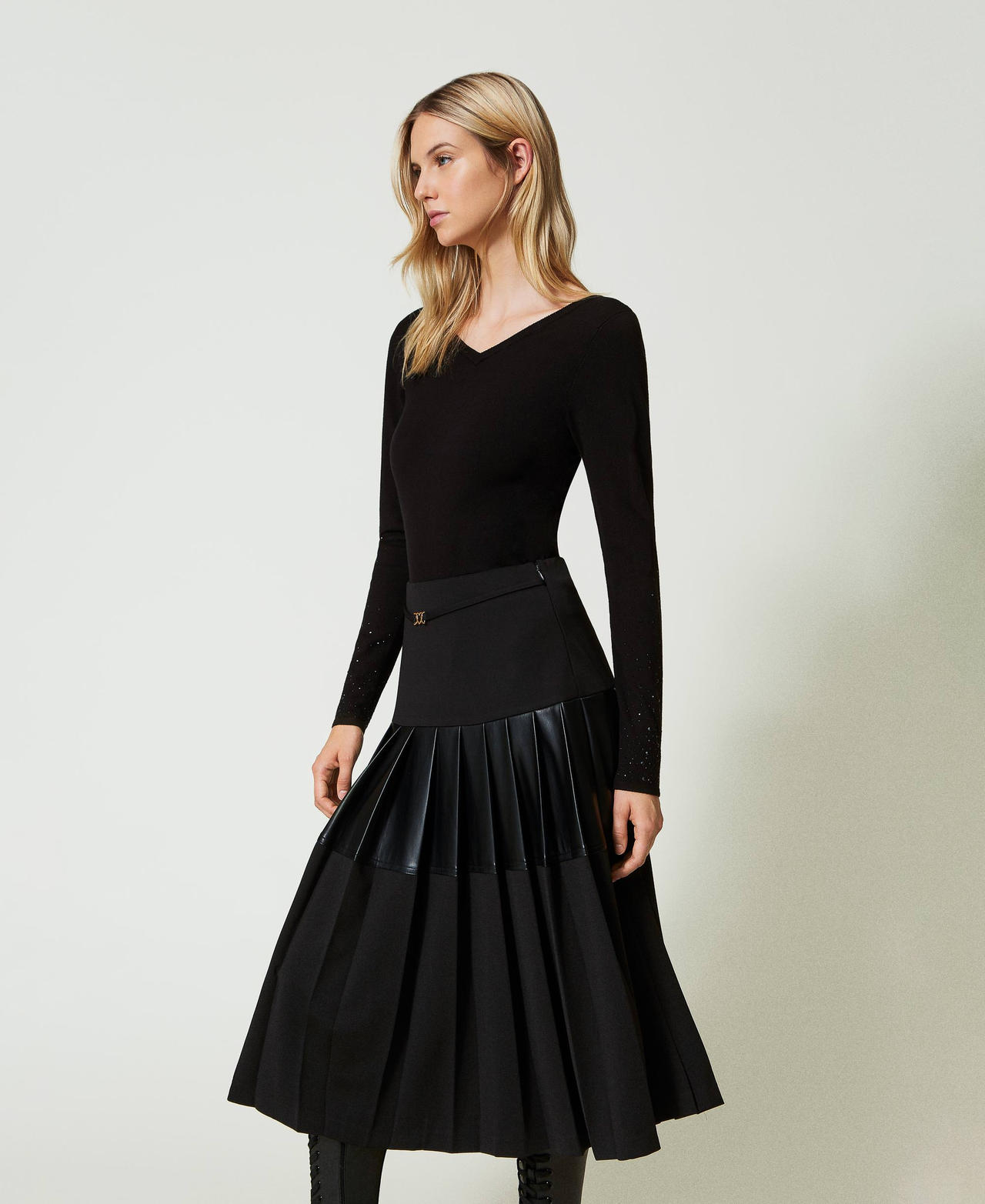 Midi skirt with inserts Black Woman 242LI2XDD_00006_02