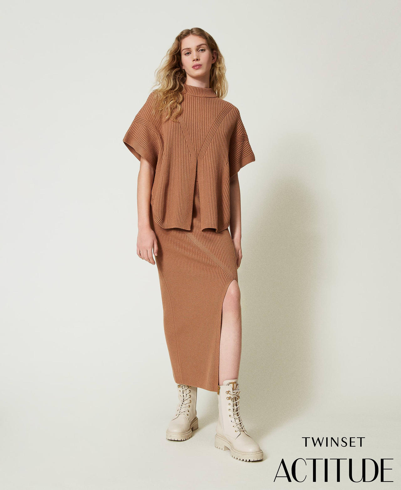 Falda midi de punto acanalado Caramel Camel Mujer 242LI3CBB_11718_01
