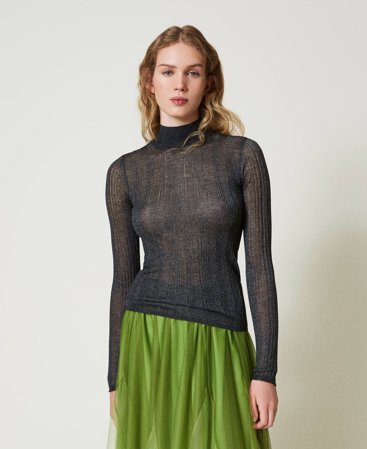 Maglia fitted a costine con lurex Grigio "Blackened Pearl" Donna 242LI3SAA_11716_01