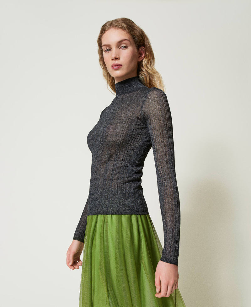 Fitted ribbed jumper with lurex Blackened Pearl Grey Woman 242LI3SAA_11716_02