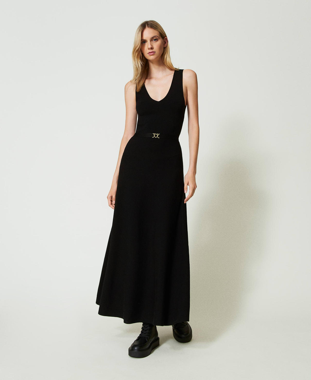 Long knit dress with belt Black Woman 242LI3VAA_00006_02