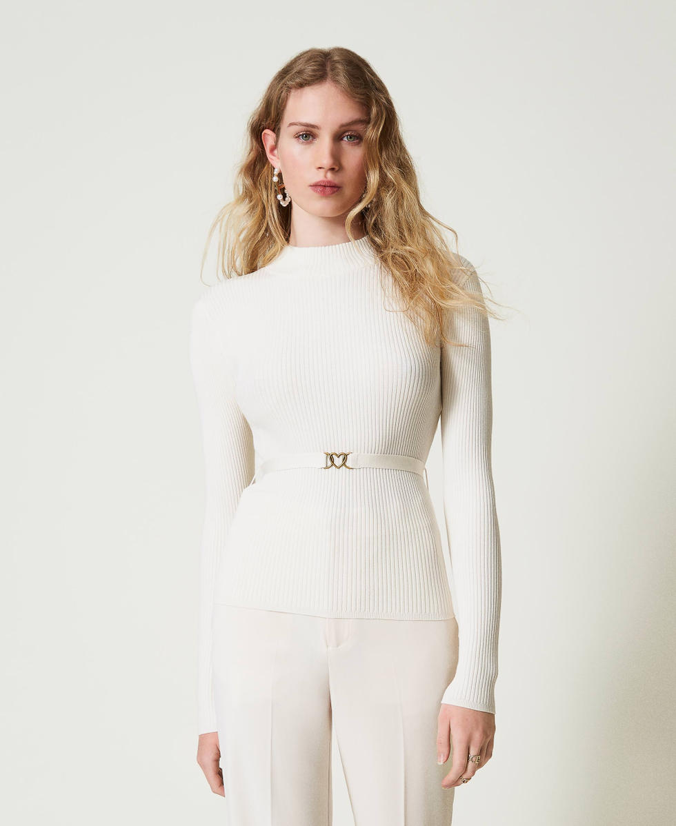 Pull col montant avec ceinture Femme Blanc TWINSET Milano