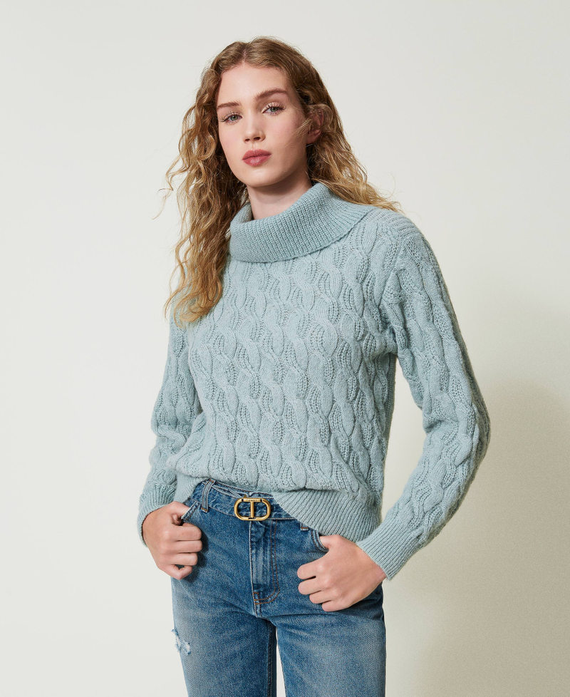 Cable knit jumper with maxi collar Agave Green Woman 242LI3WCC_00625_01