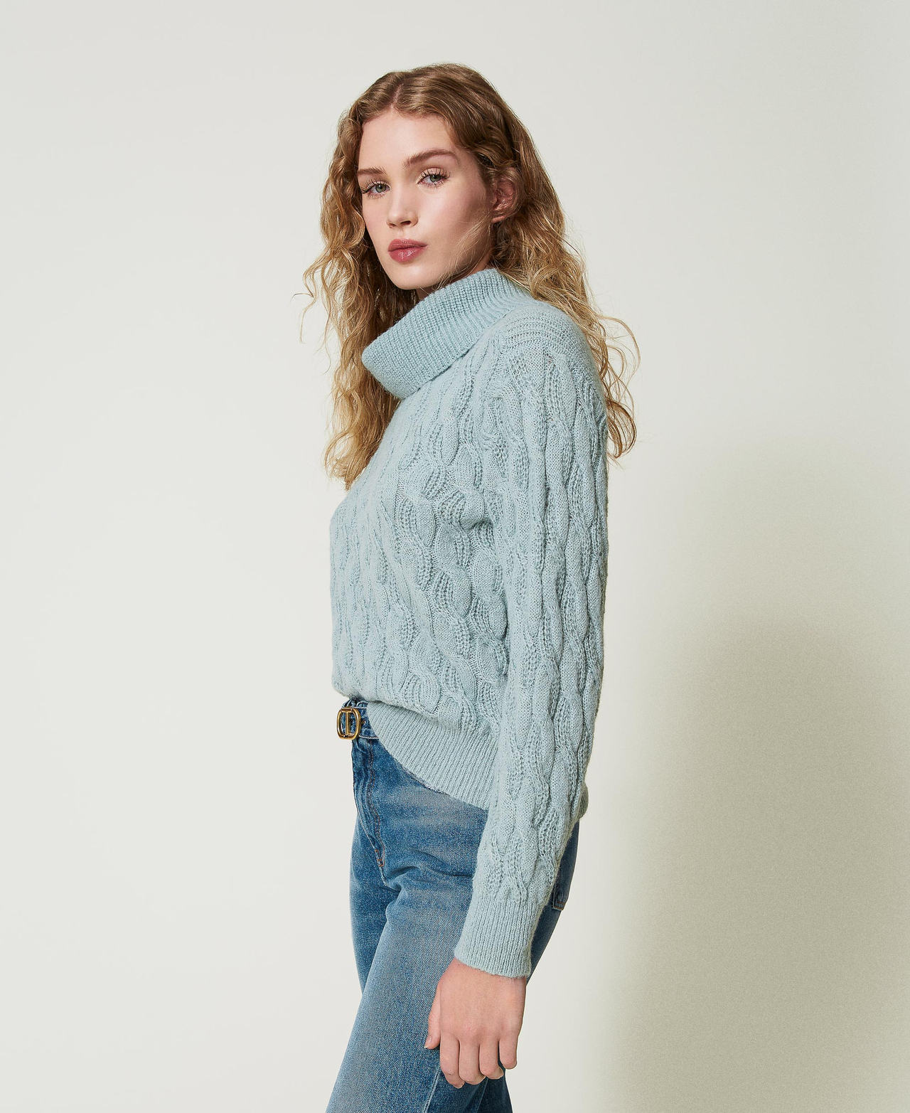 Cable knit jumper with maxi collar Agave Green Woman 242LI3WCC_00625_03