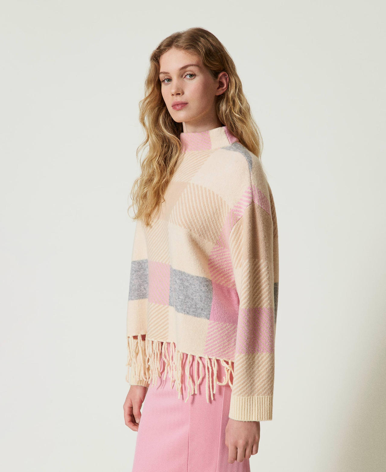 Pull jacquard avec franges Jacquard Silk Fuchsia/Les Beiges/Beige Pepper Femme 242LI3ZAA_11812_02
