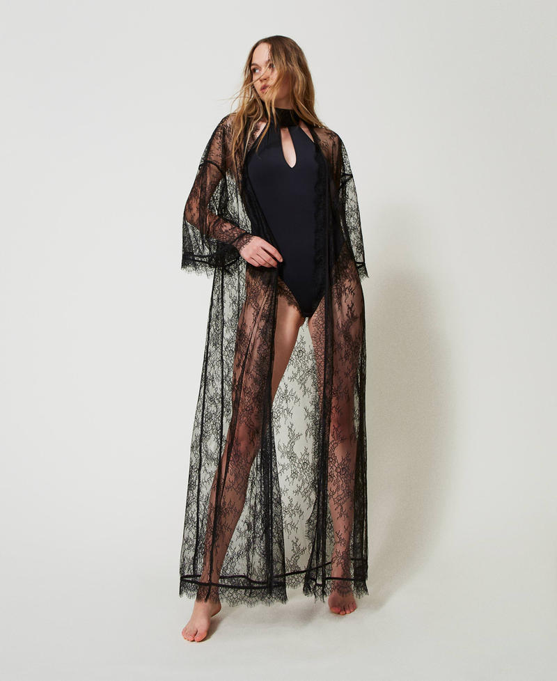 Long lace dressing gown with belt Black Woman 242LL2BAA_00006_01