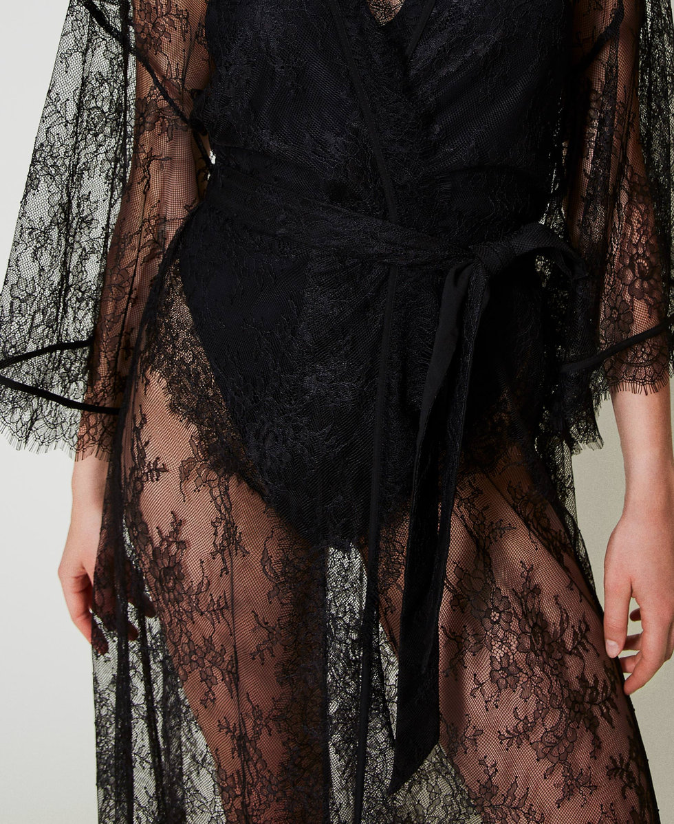 Long lace dressing gown with belt Woman Black TWINSET Milano