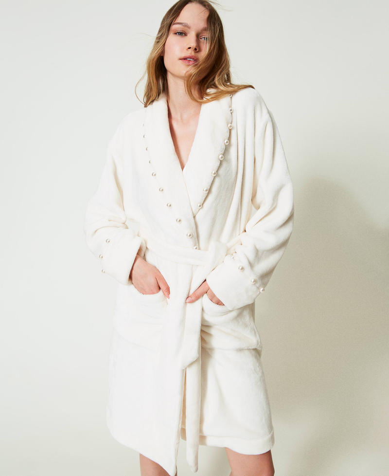 Faux fur dressing gown with pearls Antique White Woman 242LL2FAA_00245_01