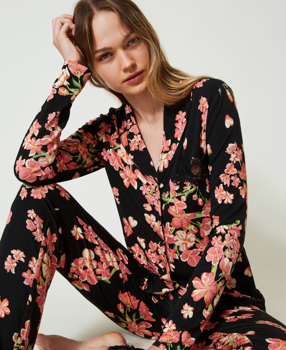 Mannish printed pyjamas with lace Woman Black TWINSET Milano