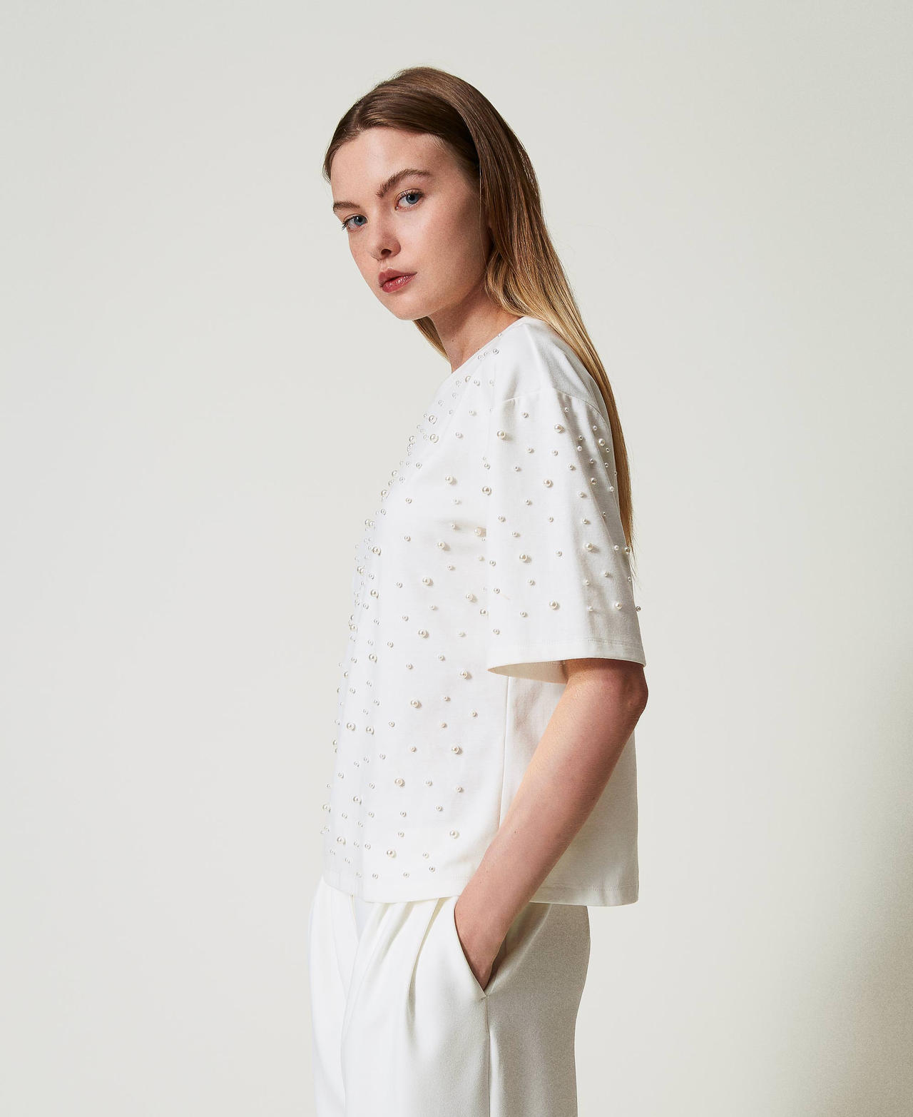 T-shirt con perle Bianco Antique White Donna 242LL2MAA_00245_02