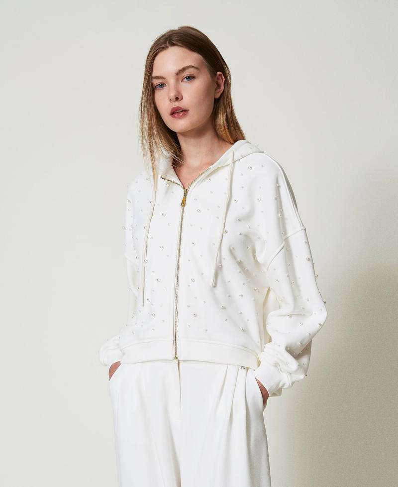 Asymmetric hoodie with pearls Antique White Woman 242LL2NBB_00245_01