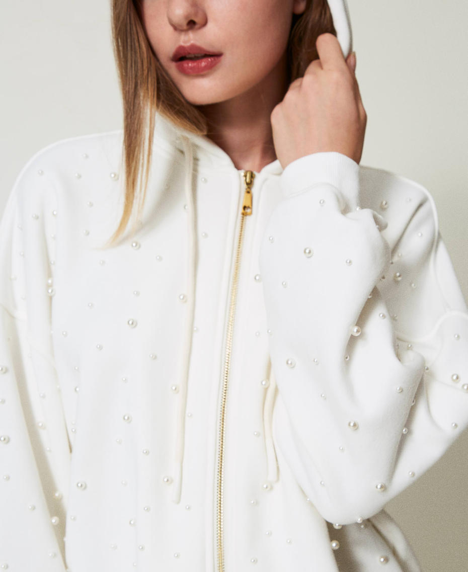 Asymmetric hoodie with pearls Antique White Woman 242LL2NBB_00245_04