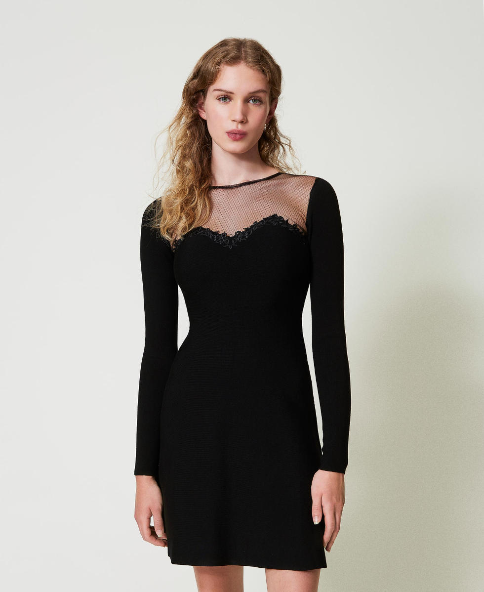 Abito corto in maglia con tulle e ricamo Nero Donna 242LL3DBB_00006_01