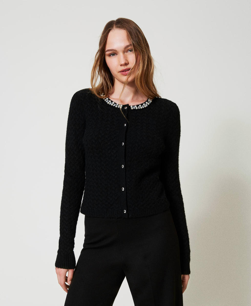 Cardigan in misto lana con ricamo Nero Donna 242LL3RAA_00006_01