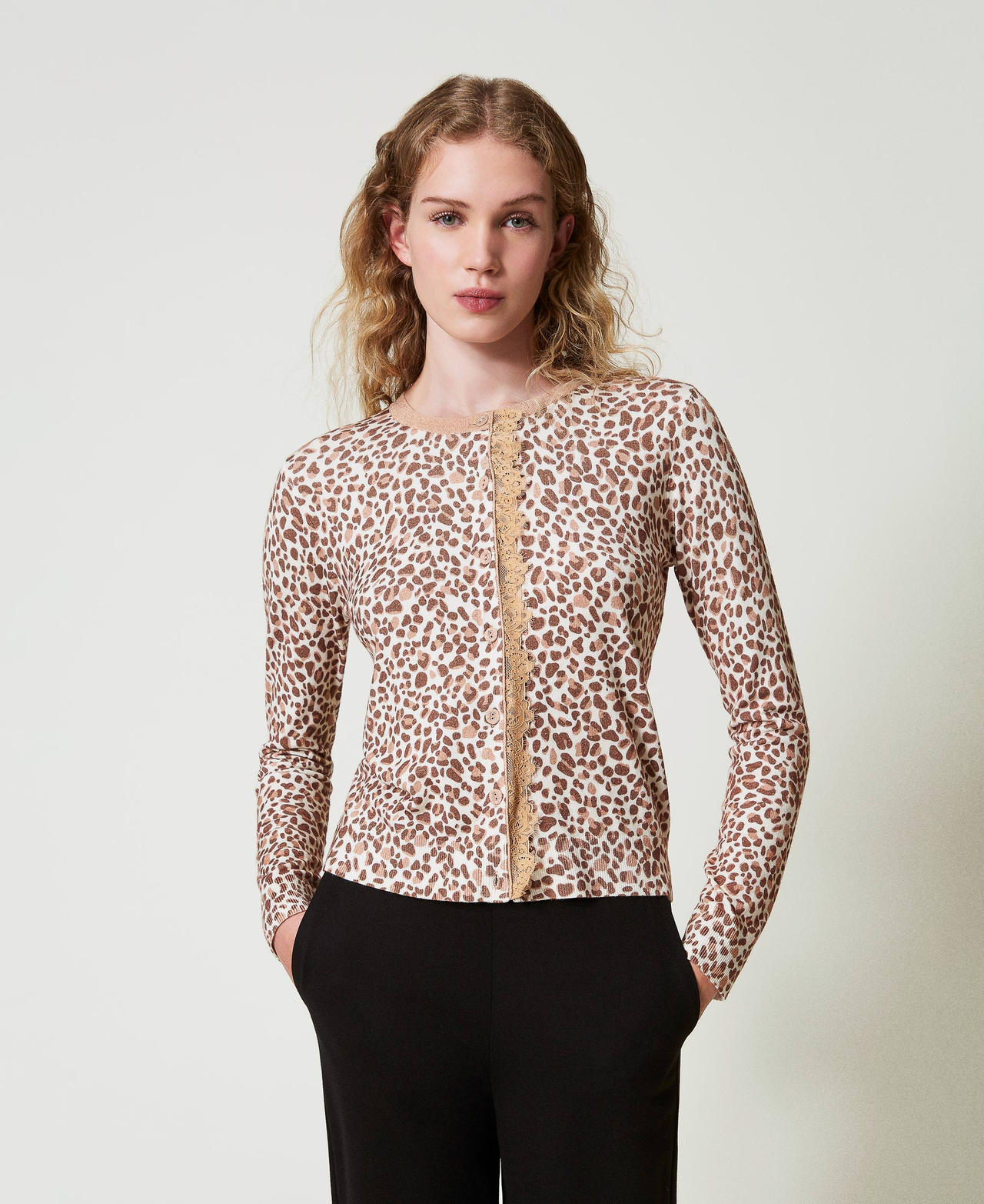 Cardigan in maglia con stampa e pizzo Multicolor Stampa Animalier Donna 242LL3TAA_11994_01