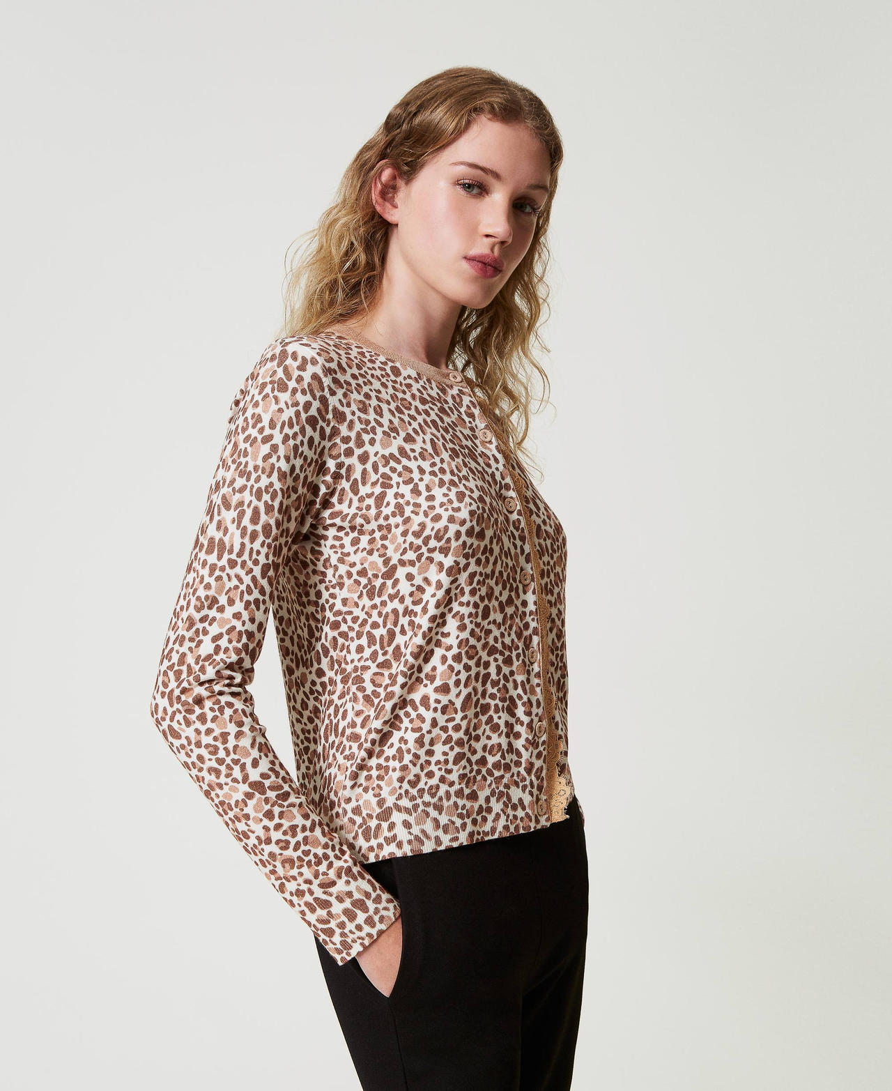 Knit cardigan with print and lace Multicolour Animal Print Woman 242LL3TAA_11994_02