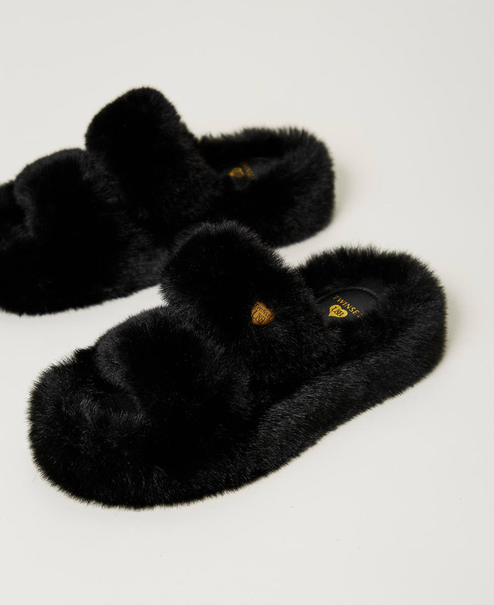 Sandales slides en fausse fourrure Femme Noir TWINSET Milano