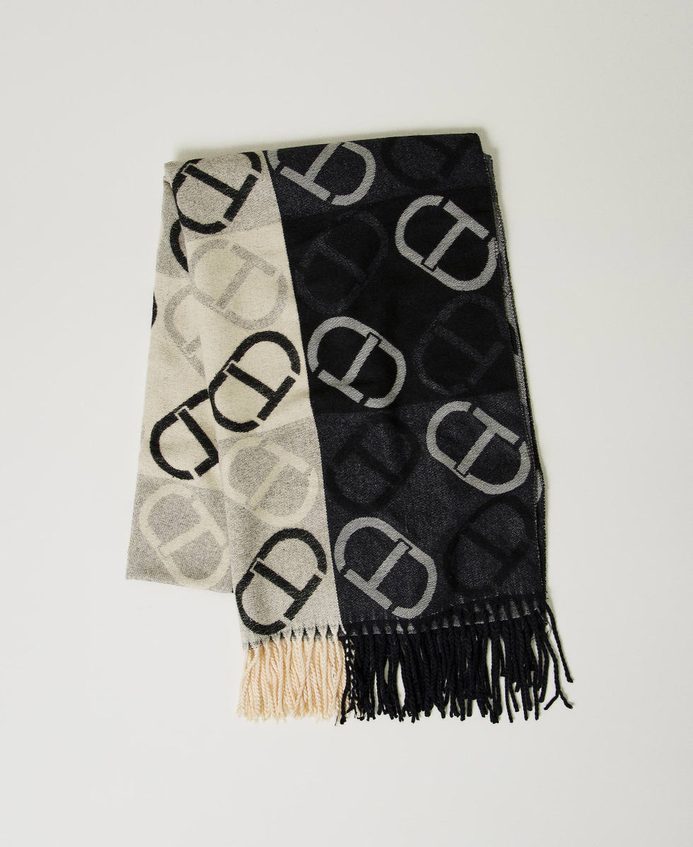 【Tiwa】STOLE Jacquard wool cloth stole with Oval T Woman, Black | TWINSET Milano