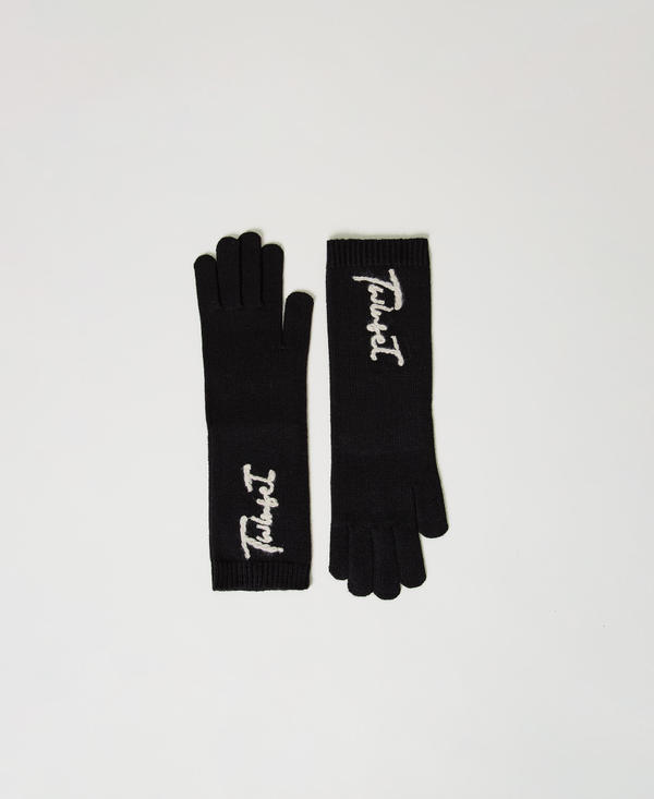 Knit gloves with embroidered logo