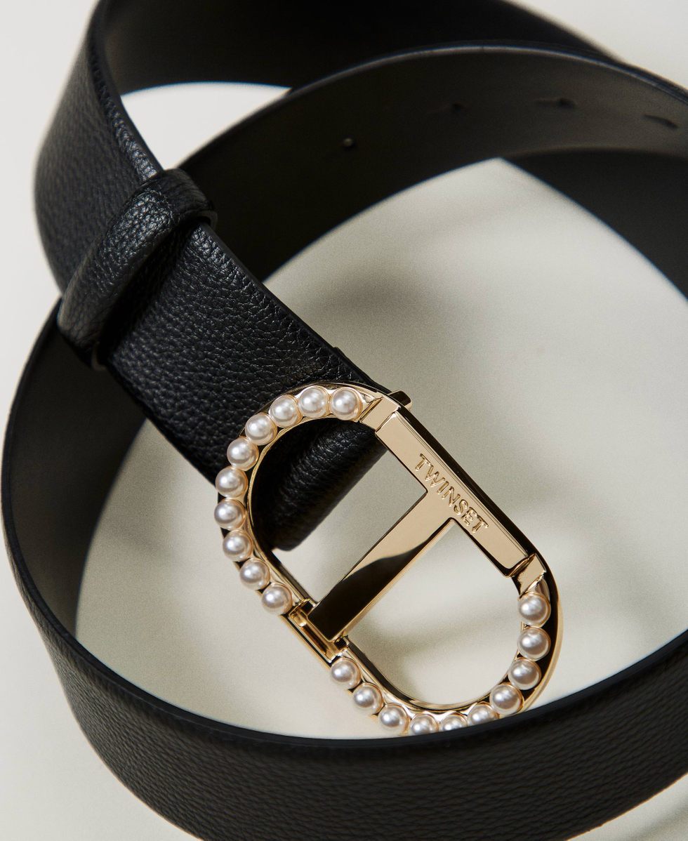 Belt with Oval T buckle and pearls Woman, Black | TWINSET Milano
