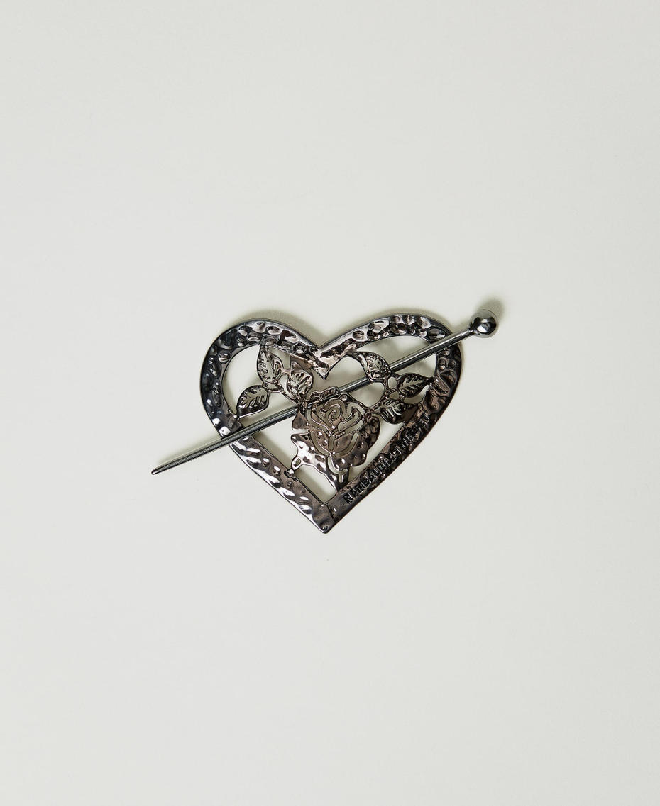 Heart-shaped brooch with flower Gunmetal Grey Woman 242TA4320_00351_01