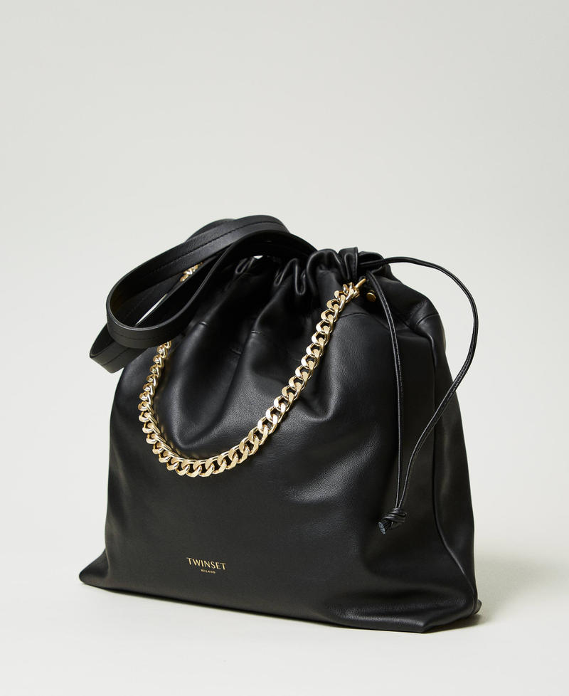 Large leather shopper bag with drawstring Black Woman 242TB7210_00006_02