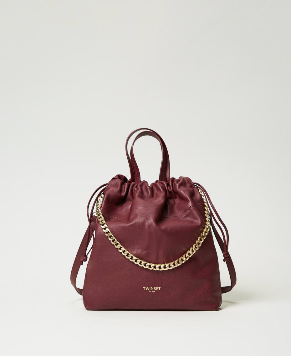 Medium leather shopper bag with drawstring Bordeaux Woman 242TB7211_00020_01