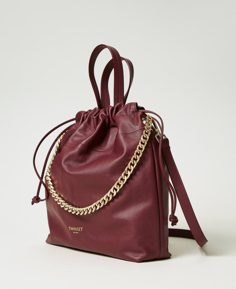 Medium leather shopper bag with drawstring Bordeaux Woman 242TB7211_00020_02