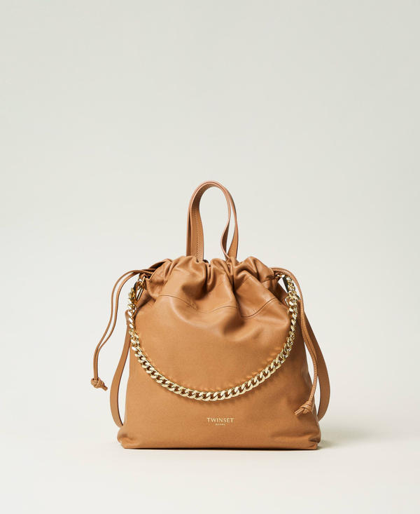 Medium leather shopper bag with drawstring