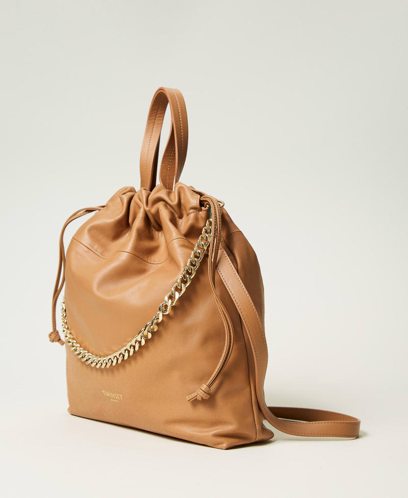 Medium leather shopper bag with drawstring