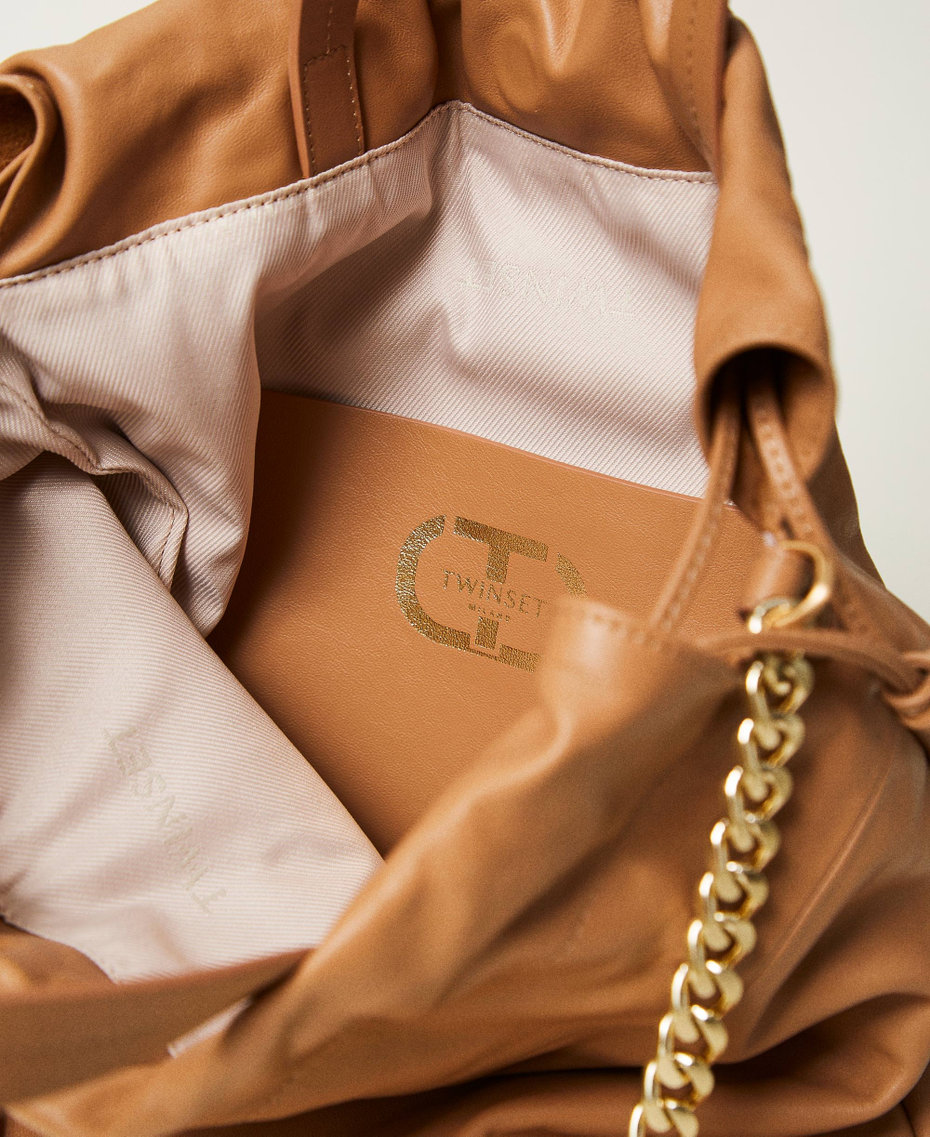 Medium leather shopper bag with drawstring